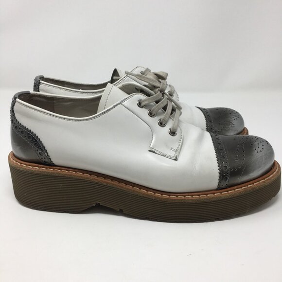 Prada Lace Up Platform Leather Brogue Shoes White leather Silver Toe Womens 39 - Picture 6 of 15